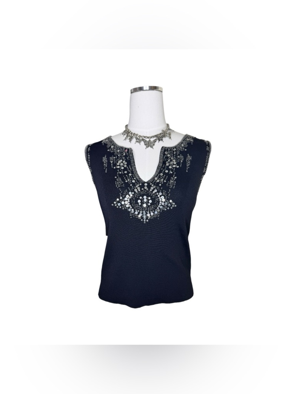 Y2K Joseph A Black Knit Beaded V Neckline Tank Top Size Small